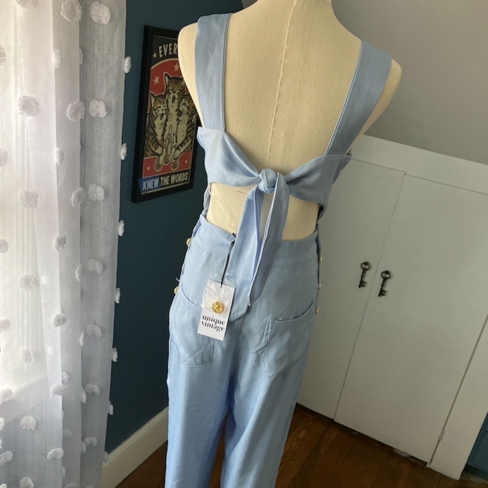 UNIQUE VINTAGE Sedgewick Blue Nautical Pin-Up Tie Back Jumpsuit • size Medium - Picture 3 of 7